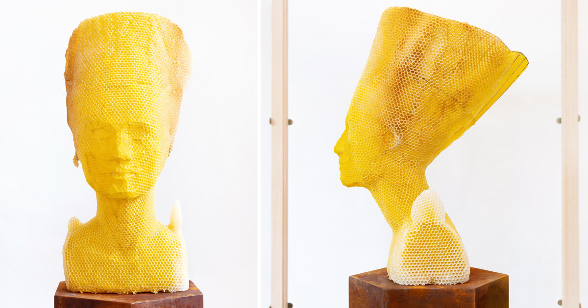 Tomas Libertiny Sculpts Beeswax Version Of The Nefertiti Bust Together With 60 000 Honeybees nefertiti bust together