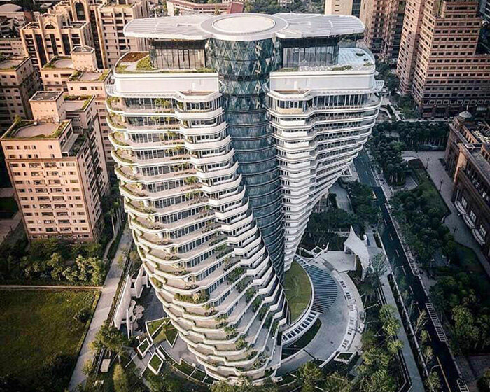 vincent callebaut's twisting carbon-absorbing tower nears completion in taipei