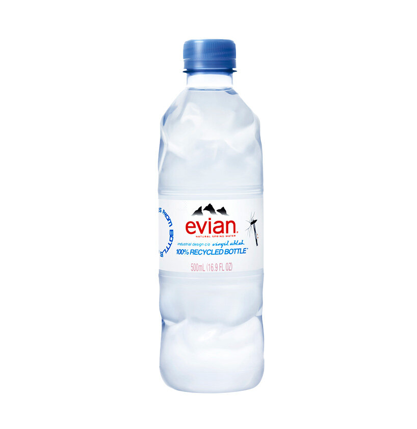 virgil abloh unveils a hammered 100% recycled plastic water bottle for evian