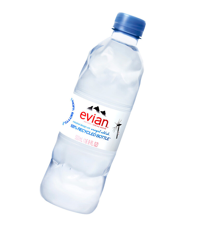 virgil abloh unveils a hammered 100% recycled plastic water bottle for evian