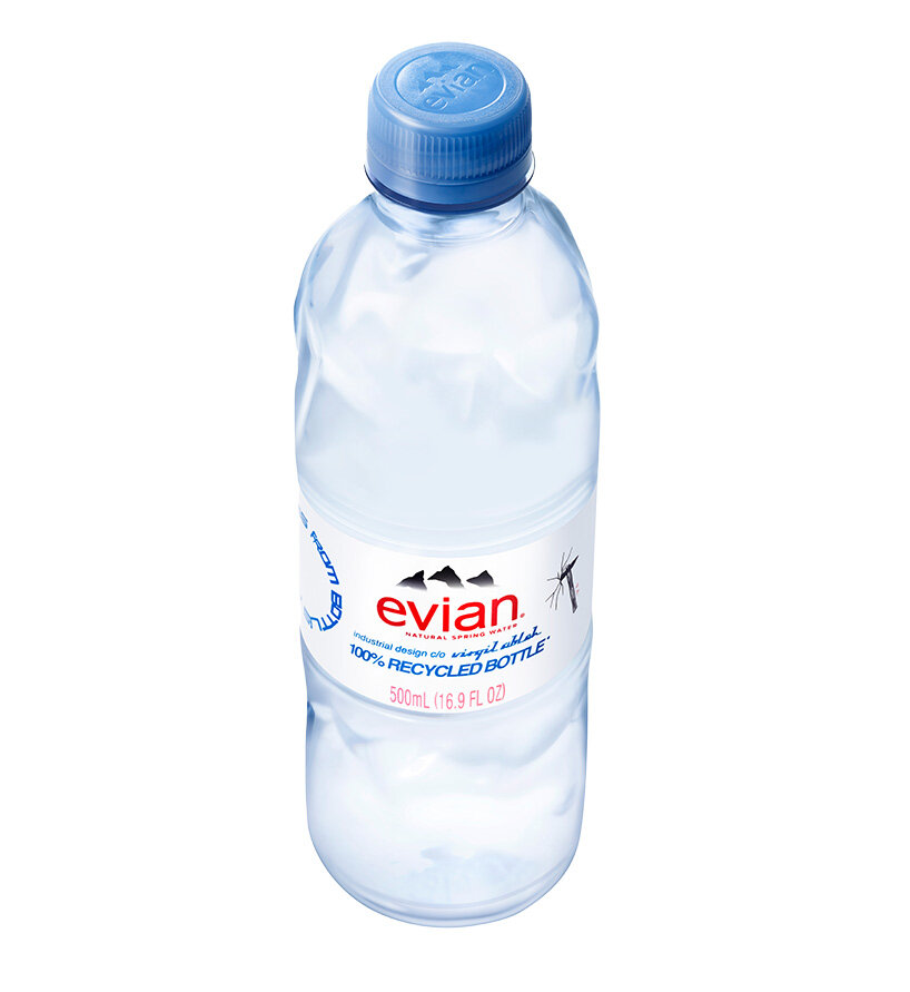 virgil abloh unveils a hammered 100% recycled plastic water bottle for evian