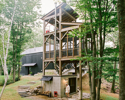 three-story cedar tower with a sauna connects to rural 'fox hall' house by BarlisWedlick