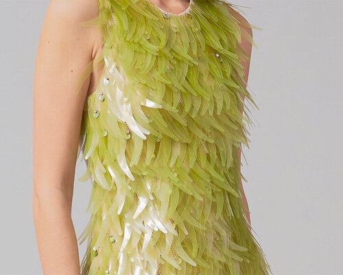 this dress has been crafted using algae-based sequins & carbon-neutral fabric