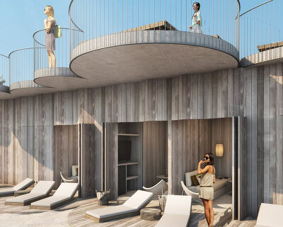 curved concrete and reclaimed wood form this beach club proposal for new jersey