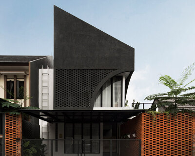 perforated brick and a pointed façade articulate elora house in indonesia