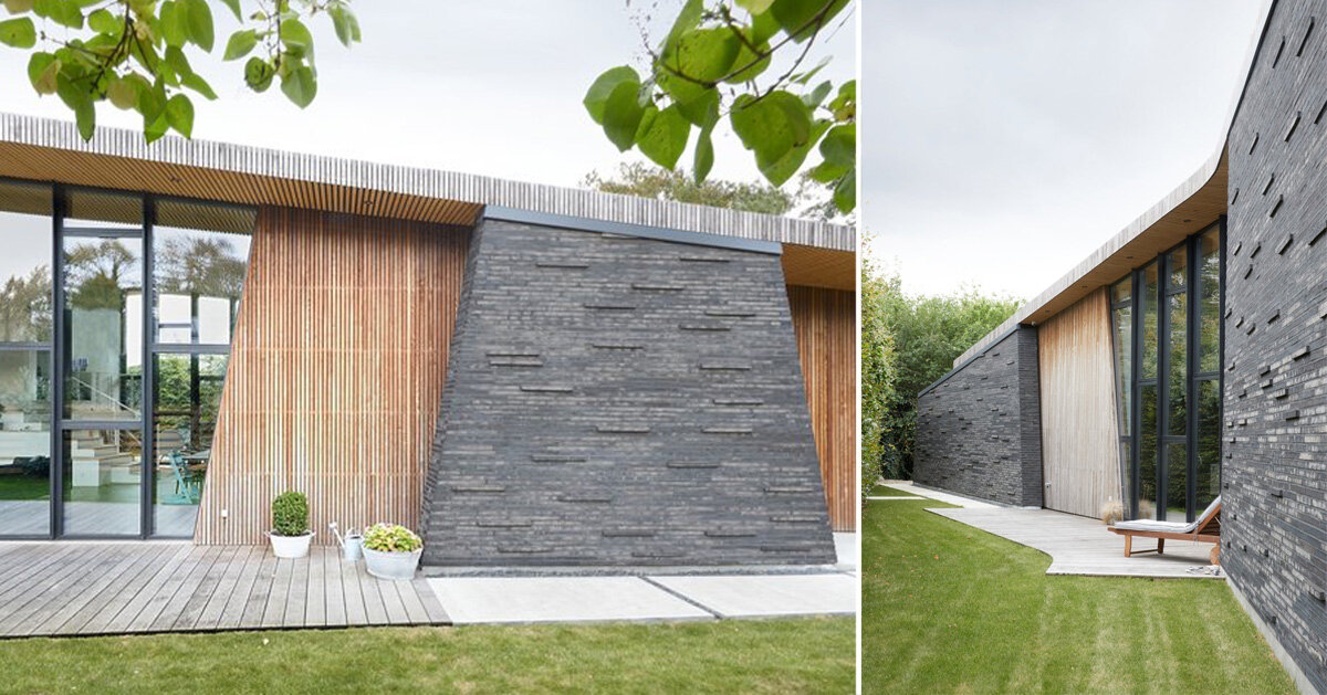 Form design idea #438: brick volumes + wooden organic cladding form ‘boomerang house’ by AJG in denmark
