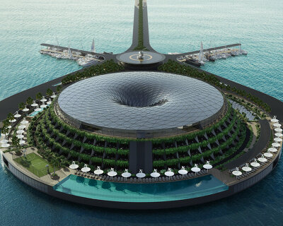 hayri atak envisions a huge floating hotel that revolves around a central axis in qatar