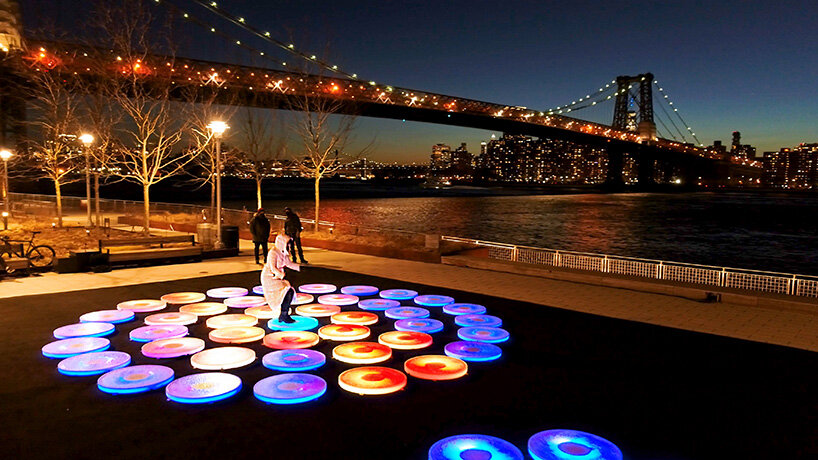 jen lewin installs reflect, an interactive light installation at brooklyn's domino park