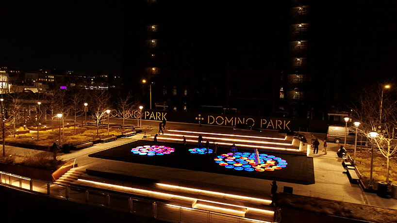 jen lewin installs reflect, an interactive light installation at brooklyn's domino park
