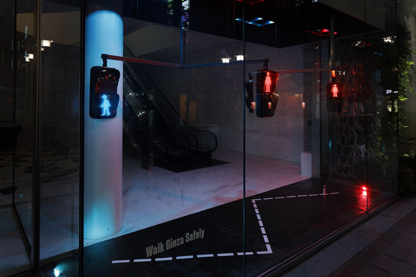 walking pedestrian signals animate shiseido's tokyo show window installation by LUCENT
