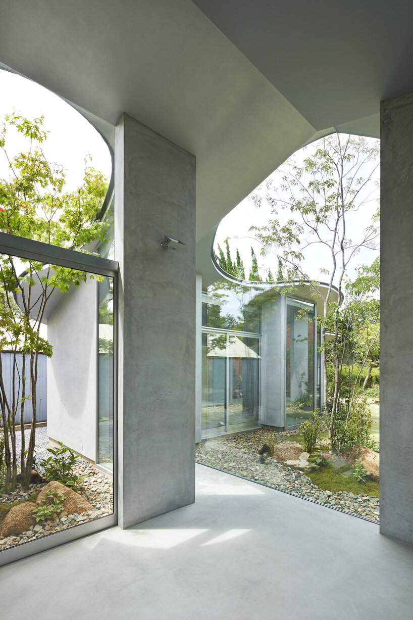 sculptural roof curves around growing trees in tomohiro hata house in okuike, japan