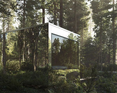 leckie studio's mirrored 'arcana' cabins disappear into their forested context
