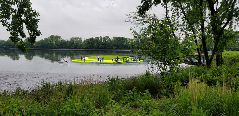 fluorescent green circular platform by höweler + yoon to float on the pennsylvanian river