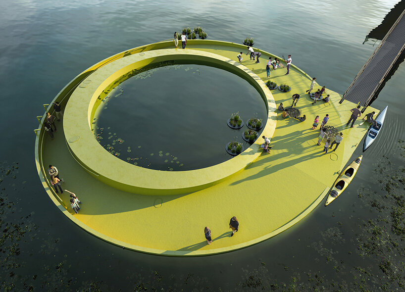 fluorescent green circular platform by höweler + yoon to float on the pennsylvanian river