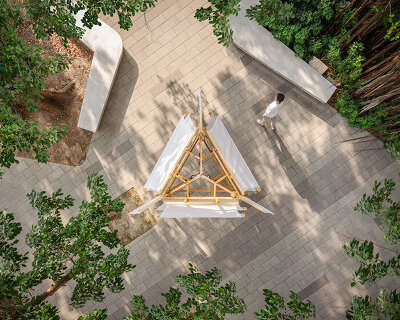 translucent sails intertwined with wooden skeleton form cheng-tsung feng's 'castle' in taiwan