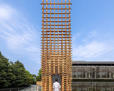 interlocking wooden planks form 9-meter-high 'tower' in taiwan by cheng tsung feng