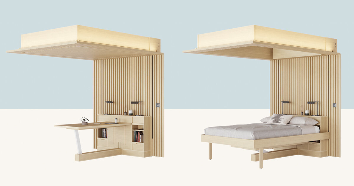 the ori cloud bed transforms into a home office at the touch of a button