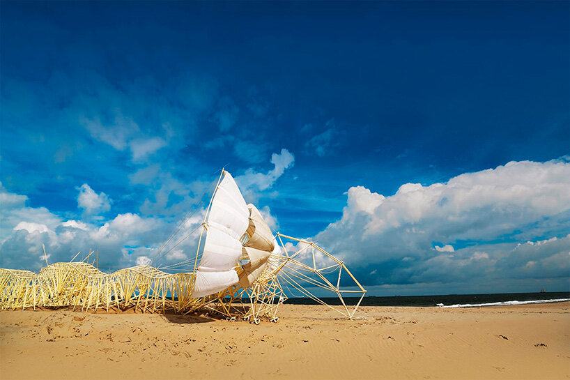 theo jansen's moving 'strandbeest' sculptures at contemporary art museum, kumamoto