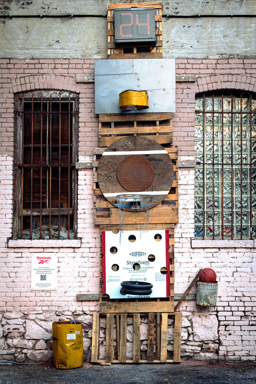 new york sunshine + reebok install playable basketball sculpture made of upcycled materials