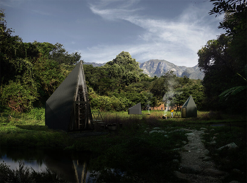 rojkind arquitectos assembles prefab pyramidal getaway cabins in mexico