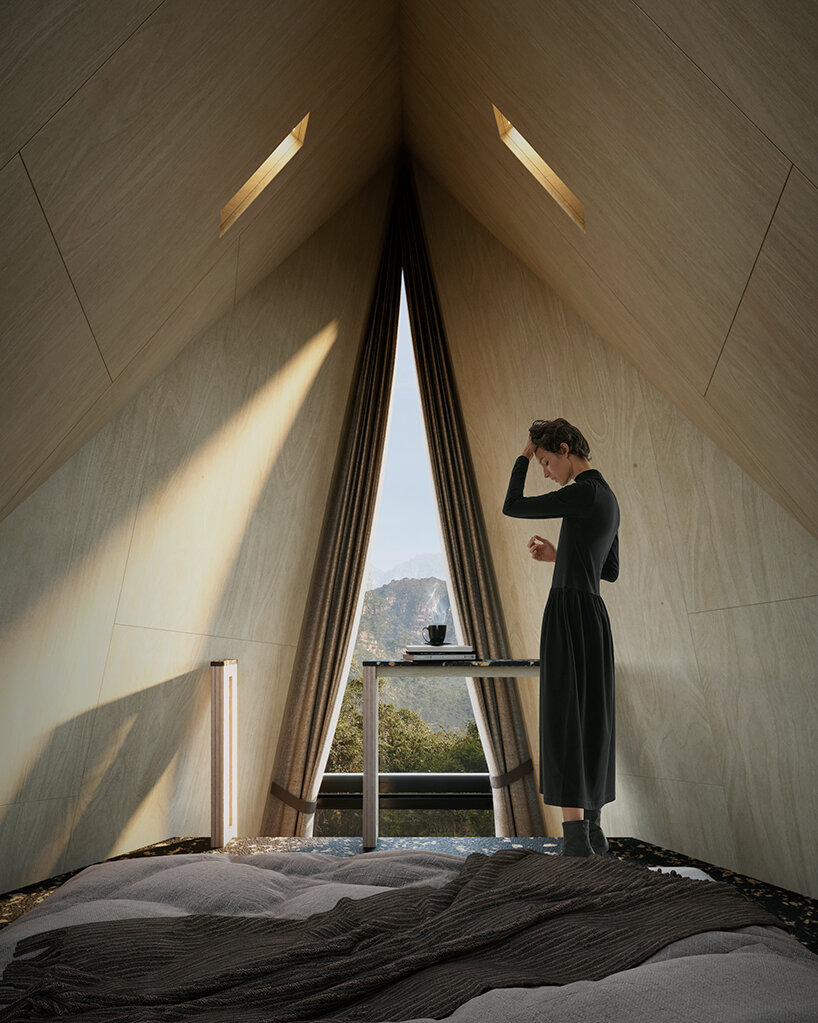 rojkind arquitectos assembles prefab pyramidal getaway cabins in mexico