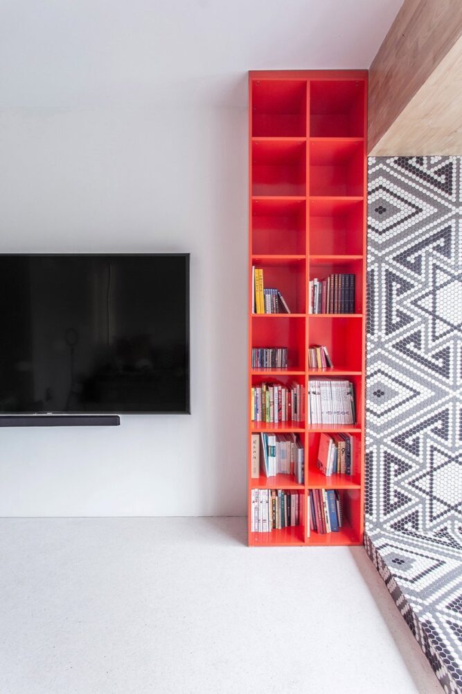 striking red bookshelf