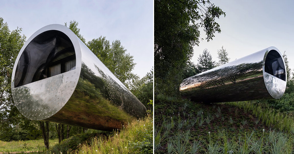 suspended pipe-like house demonstrates the bordering landscape