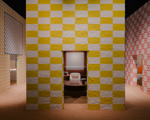 Hermès exhibits new home collections within chambers wrapped in colorful graphic patterns