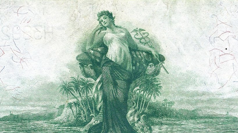 an engraving of the female figure of panama on the 1914 federal reserve note for 50 US dollars