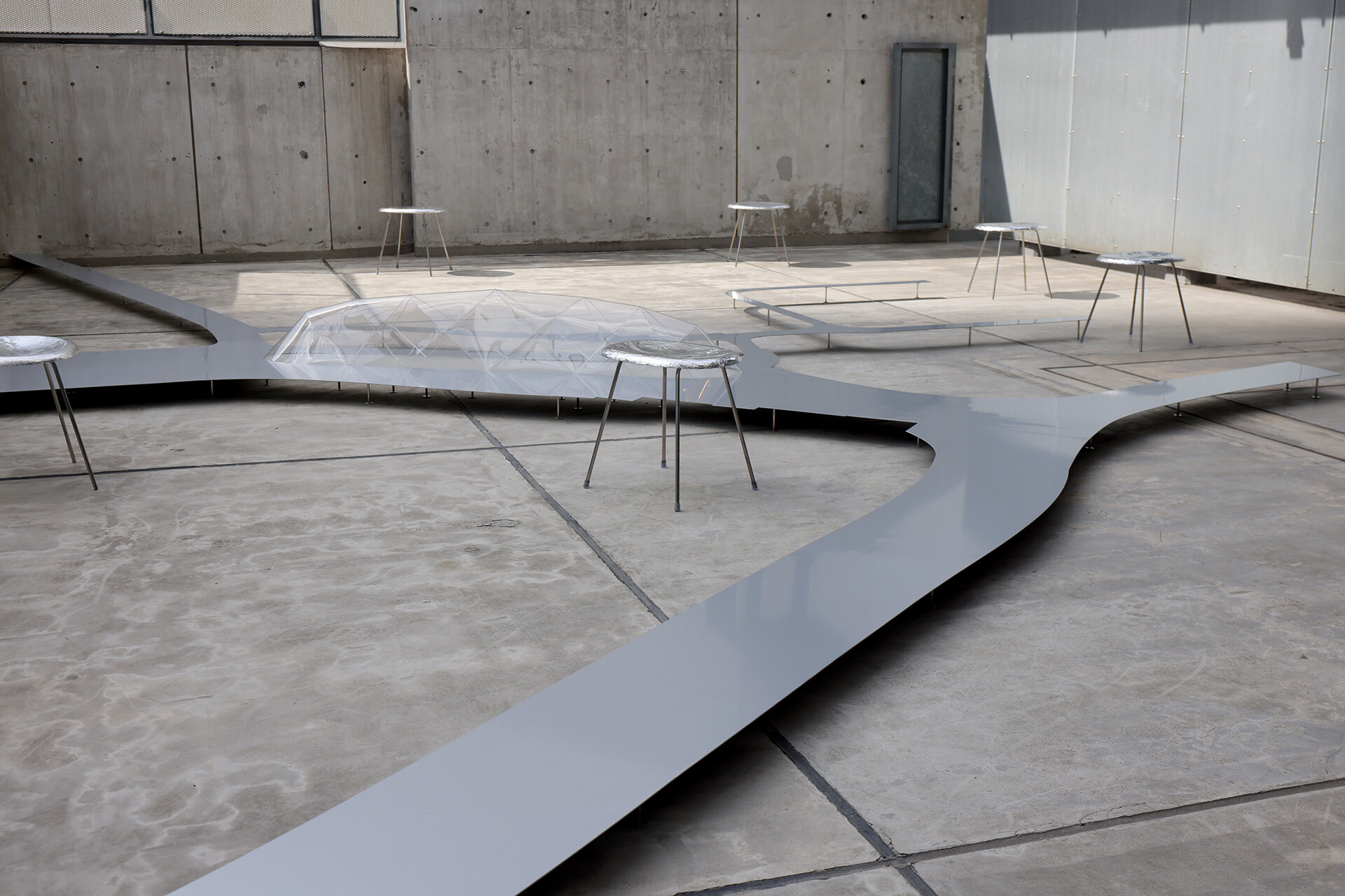 puyuan design and event center, kazuyo sejima & associates (2021) whole model at scale 1:75, steel plate, acrylic