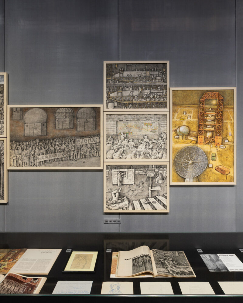 on the wall, from left to right: cape canaveral: glenn boy welcome home, 1962 | cape canaveral: erectors with rockets, 1962 | cape canaveral: mercury control room, 1962 | cape canaveral: restoration, 1962 | cape canaveral: saturn gantry, 1962; in the case, from left to right: 'à ben en souvenir du plus gai, plus élégant, plus dynamique, bref du plus parfait de ses amis! d. g. paris 29–1–64', self­portrait, january 29, 1964 | new york sunday, drawings by domenico gnoli, show, august 1964 | invitation card of the exhibition 'domenico gnoli,' galerie andré schoeller, paris, 1964