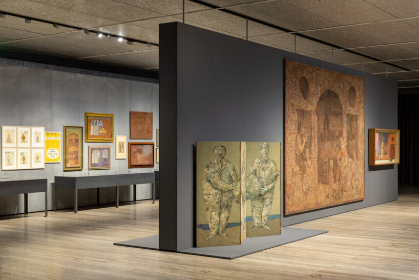 in the foreground, from left to right: la siréne, 1963 | la taverne, 1963 | a spanish town, set design model for the lily of toledo ballet (the spanish ballet), circa 1957–58; in the background, on the wall, from left to right: costume designs for as you like it, 1955 circa | poster of as you like it, play by william shakespeare, old vic company, london, march 1955 | tower, 1955 | la guardia, 1951 | two houses, 1957 | ship of fools (das narrenschiff), 1958 circa | beach scene, 1959 | due paesi, 1958