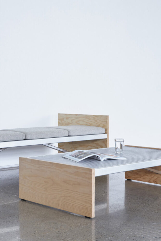 truss open back sofa and low table, by eli meir kaplan