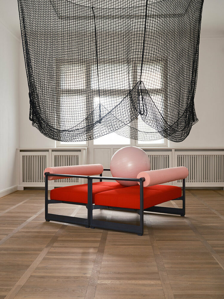 konstantin grcic, normal 14, 2022, brut sofa (magis), safety nets, exercise ball, image by florian böhm