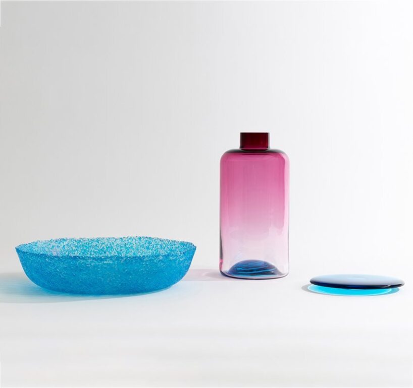 the colored piece is joined to a clear glass element using the ancient technique incalmo