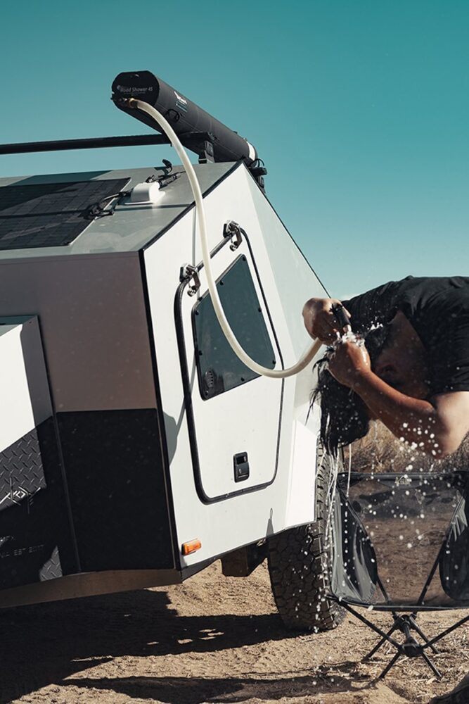 the trailer comes with an awning, roadshower, 6-gallon freshwater tank, 45-liter fridge and a freezer