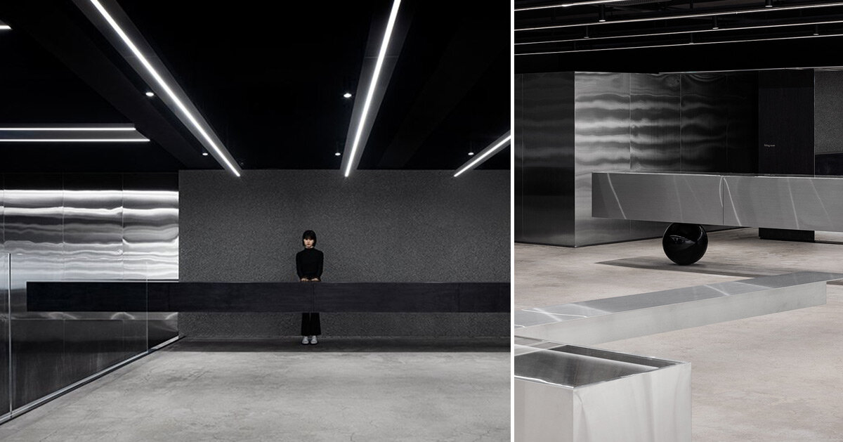 Form design idea #418: linear floating elements and reflective surfaces form this retail store in south korea