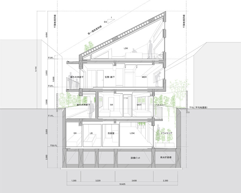 furuya design’s hanegi + housing is an array of angled, floating volumes in tokyo