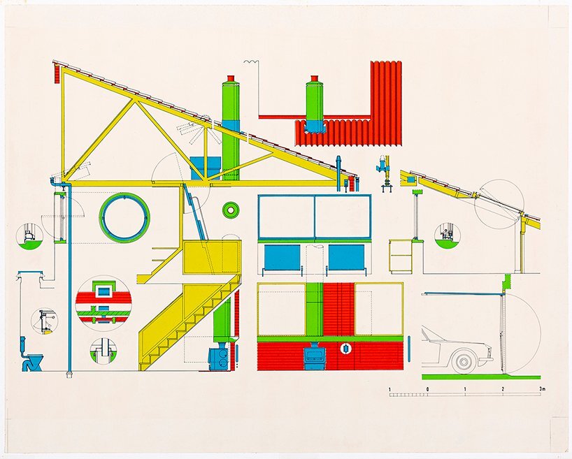 james gowan 'at play' with different building elements. cross-section through house with mechanical services, 1977. housing project at east hanningfield, england © drawing matter collections
