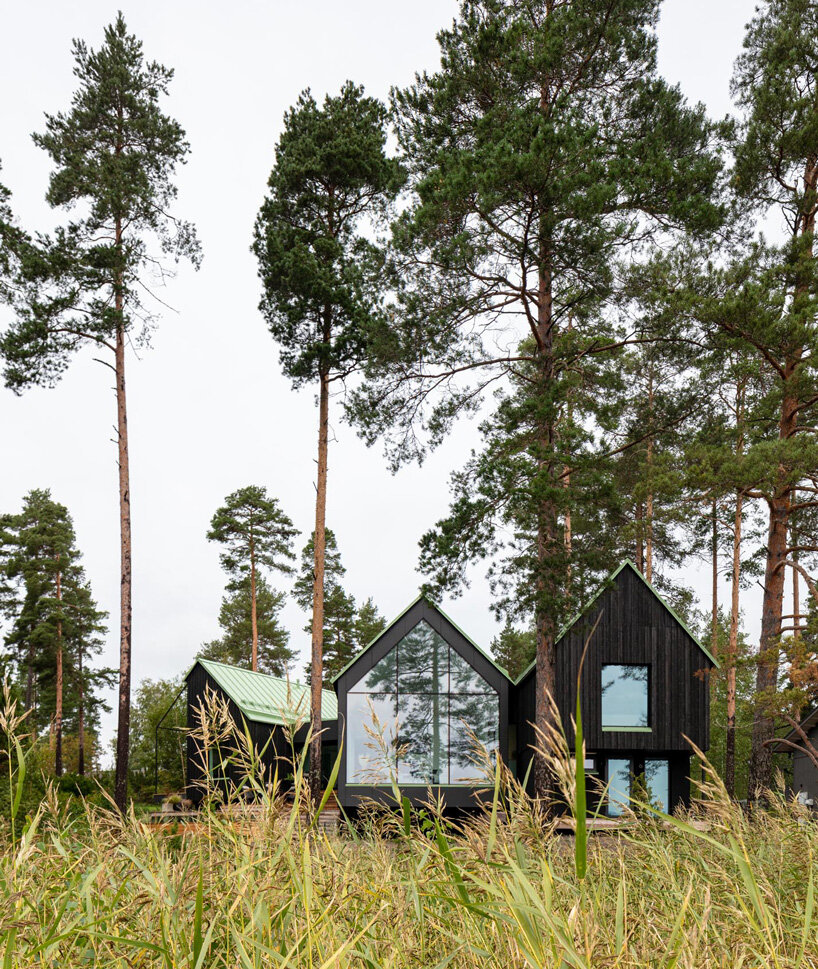 pirinen & salo sets three-volume charred wood house between pine trees in finland