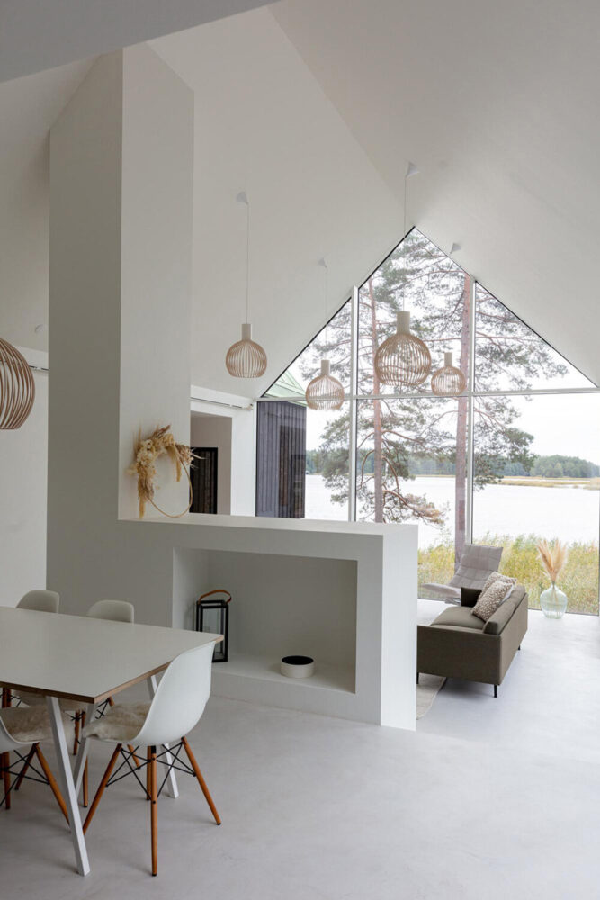 around the fireplace, there are a couple of steps down leading into the living room