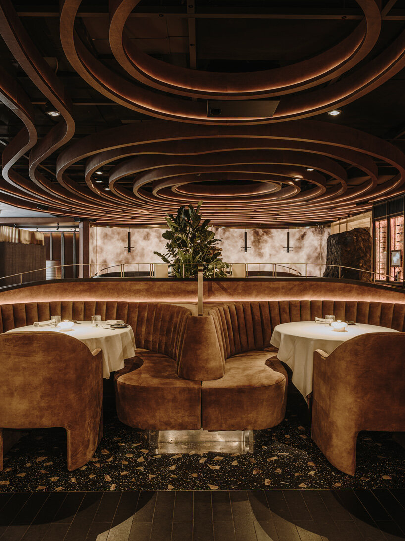 sculptural wooden ceiling tops astet studio leña marbella restaurant in spain