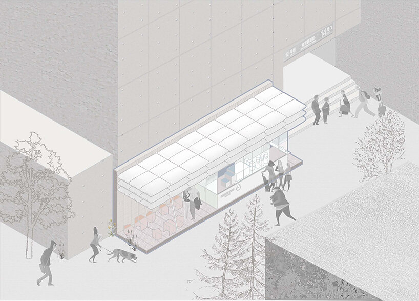 F.O.G. architecture’s birdie cup coffee is nested beneath a roof of floating white puffs