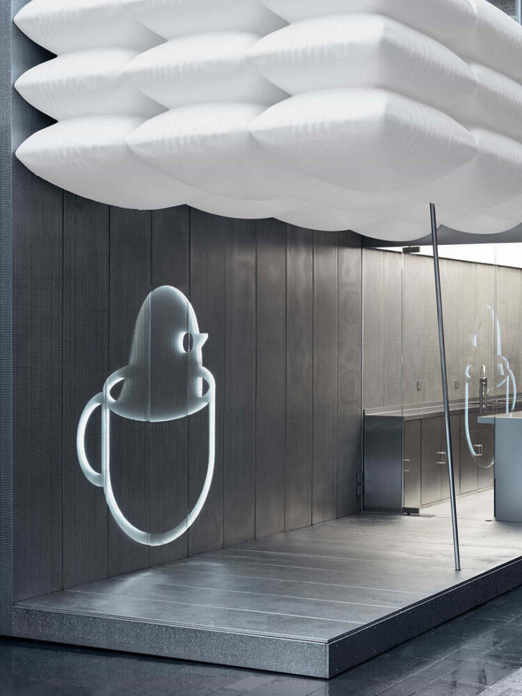 F.O.G. architecture’s birdie cup coffee is nested beneath a roof of floating white puffs