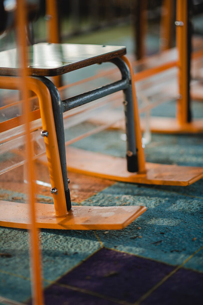 details of the upcycled chairs with the original status and materiality maintained