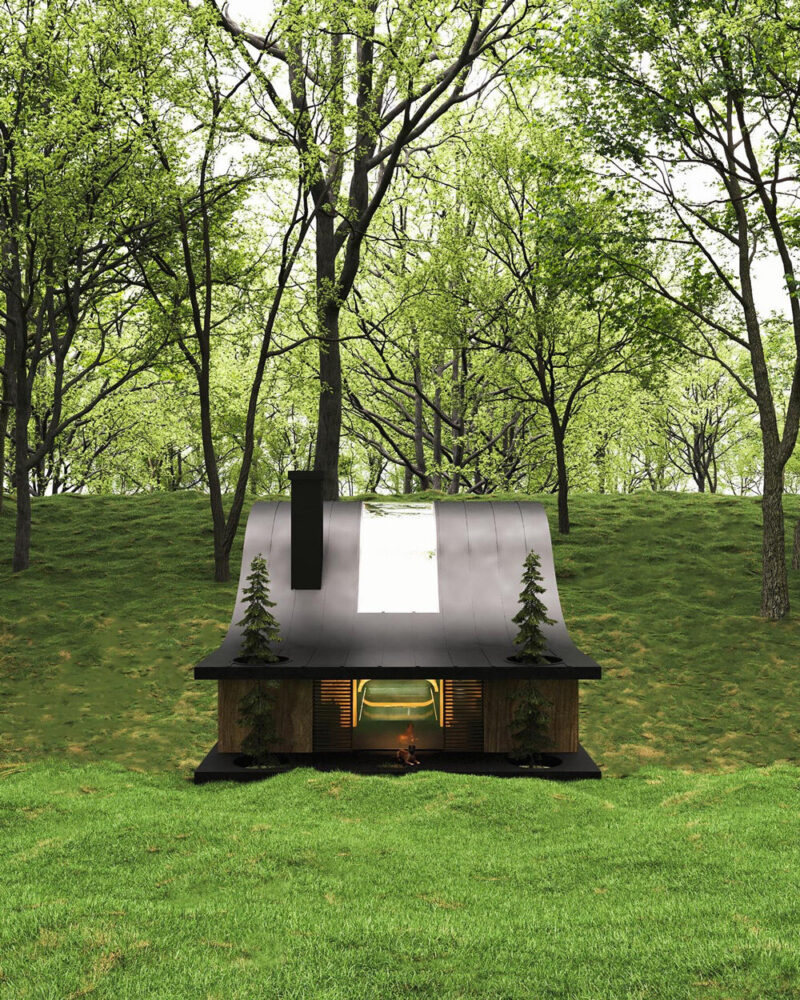 two trees grow on both sides of the front door