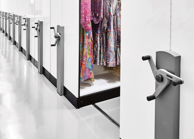 compactus cabinets in the storerooms, where the precious designs from yves saint laurent’s collections are kept. image © dan glasser (pages 176-177)