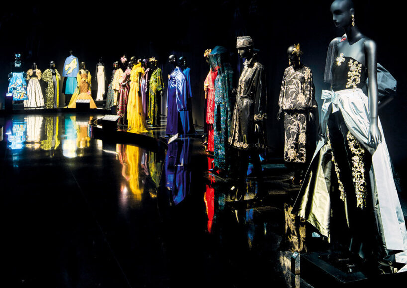 fashion designs exhibited in the yves saint laurent permanent exhibition hall, in a display designed by christophe martin. image © dan glasser (pages 210-211)