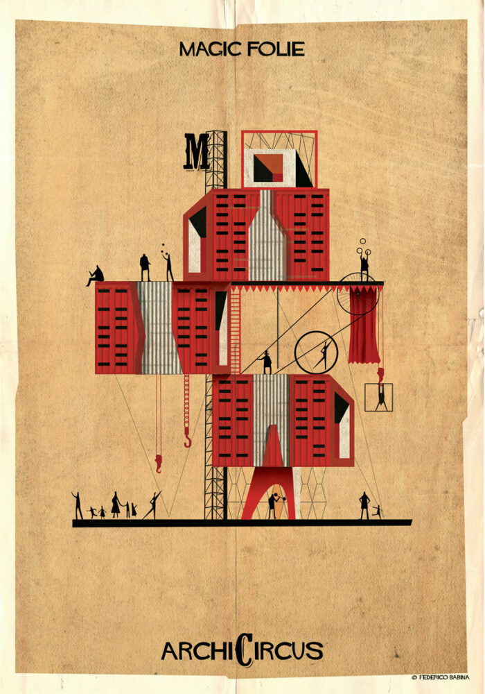 federico babina’s illustrations stage dream-like architecture inside a circus show