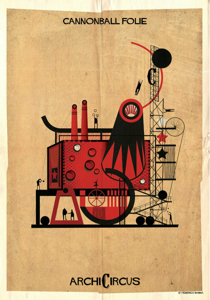 federico babina’s illustrations stage dream-like architecture inside a circus show